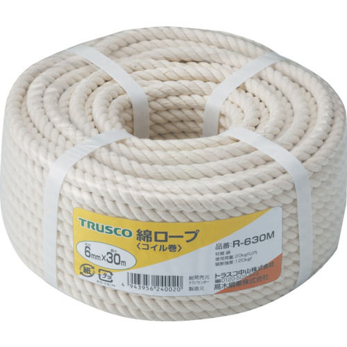 【TRUSCO】ＴＲＵＳＣＯ　綿ロープ　３つ打　線径６ｍｍＸ長さ３０ｍ